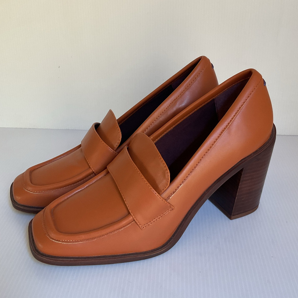 Franco Sarto Tan Leather Block Heel Loafers Women’s Sz 9.5M Classic Penny Heels